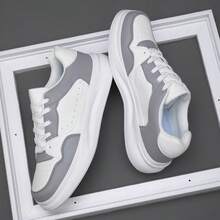 Unisex Fashion Colorblock Sneakers, Layered Patchwork Upper Design, Thick Platform Sole, Suitable For Streetwear And Dating Outings - Grey - View 7