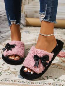 1 Pair Cute Casual Fuzzy Slippers With Thermal Lining, Warm Strap Slides For Home - Pink - View 5