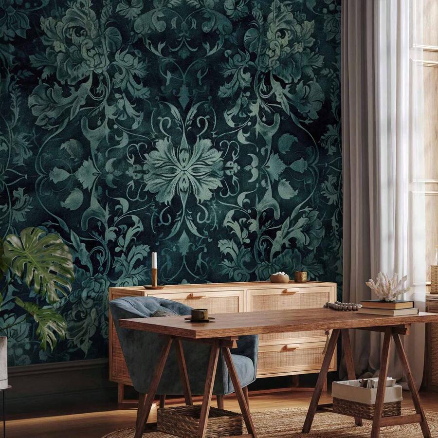 Wall Mural - Oriental Pattern Carpet: Emerald Ornaments And Worn Patterns - Self-adhesive - View 1