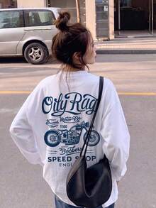 Kaos Lengan Panjang Wanita Model Longgar Serbaguna untuk Musim Semi/Gugur dengan Motif Huruf & Motor - Putih - View 1