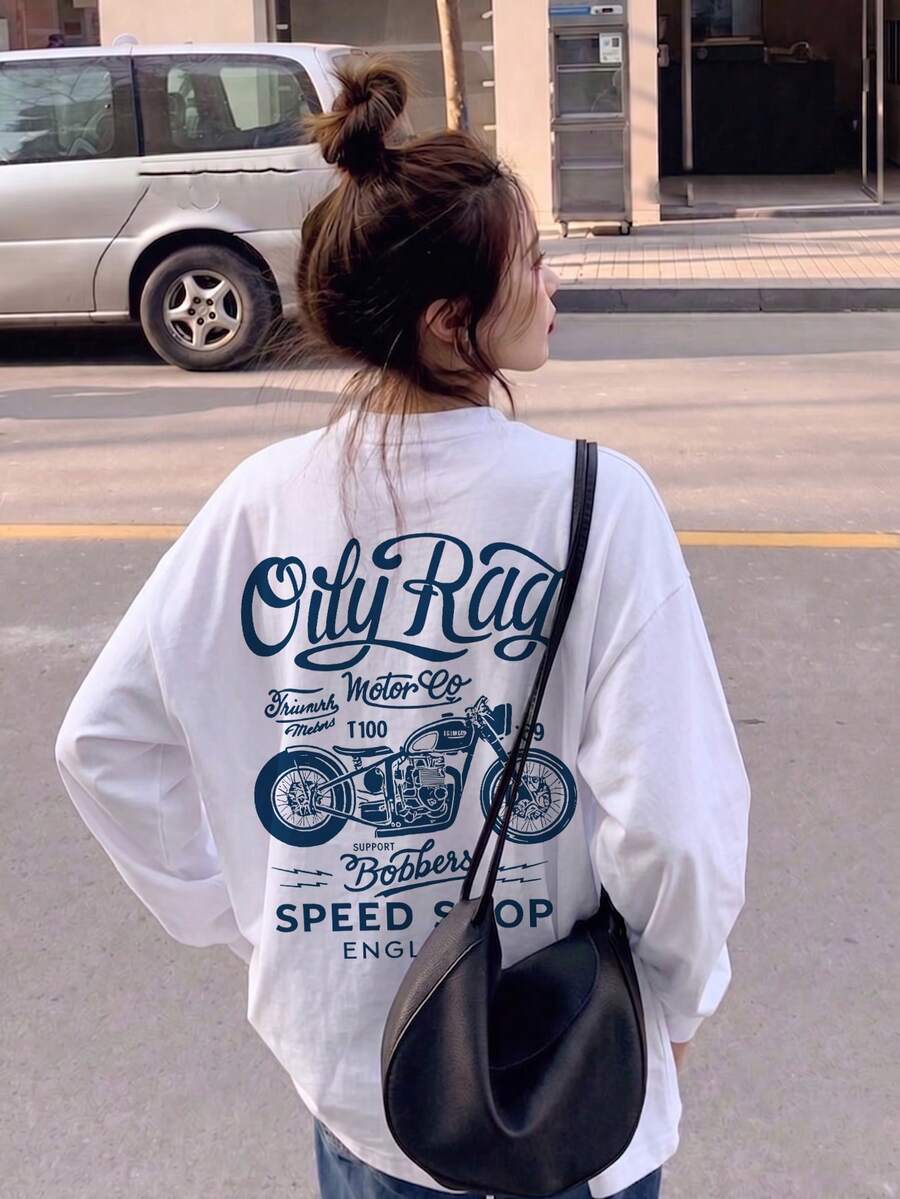 Kaos Lengan Panjang Wanita Model Longgar Serbaguna untuk Musim Semi/Gugur dengan Motif Huruf & Motor - Putih - View 1