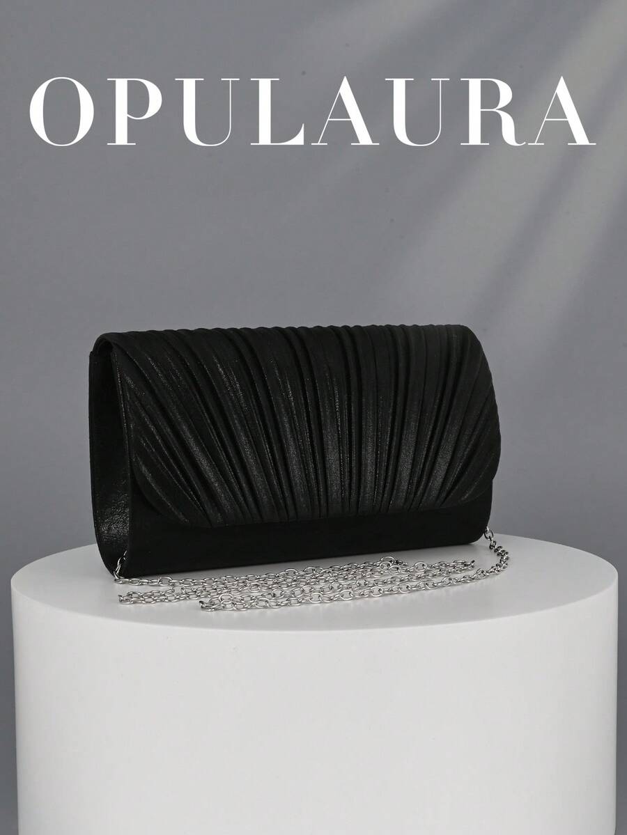 OpulAura 時尚亮面翻蓋晚宴包 高級奢華 PU 皮革派對手拿包 低調奢華閃亮晚宴包 禮服包 金屬感皮革女包 歐美風信封鏈條包 斜跨包 適合舞會、派對、雞尾酒會、生日派對禮服搭配,適合作為生日禮物、新娘手拿包 - 黑色 - 查看 1