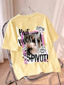 Light Yellow Oversized T-Shirt, Red Logo On Front, Loose Casual Short Sleeve Summer - Yellow - View 1