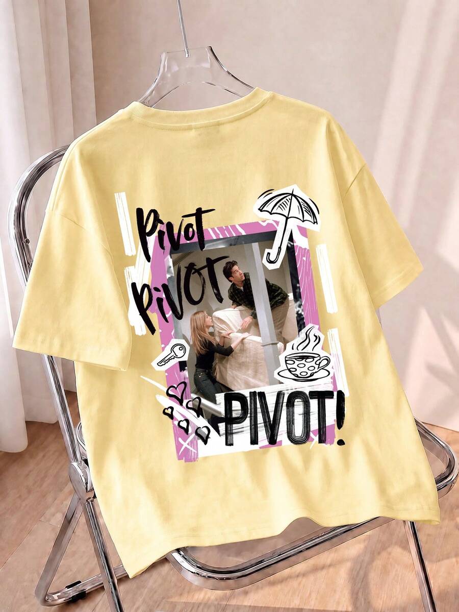 Light Yellow Oversized T-Shirt, Red Logo On Front, Loose Casual Short Sleeve Summer - Yellow - View 1