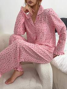 Dreamivo Women's Ruffle Trim Playful Elegant Loungewear Set, Cherry Print Long Sleeve Pants Contrast Color Pajama Set - Pink - View 3