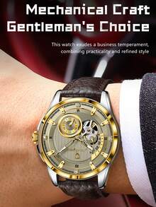 POEDAGAR 1pc Business Men's PU Leather Automatic Mechanical Skeleton Tourbillon Watch, Fashion Waterproof Luminous Wristwatch For Daily Occasions, Men's Gift - one-size - View 10