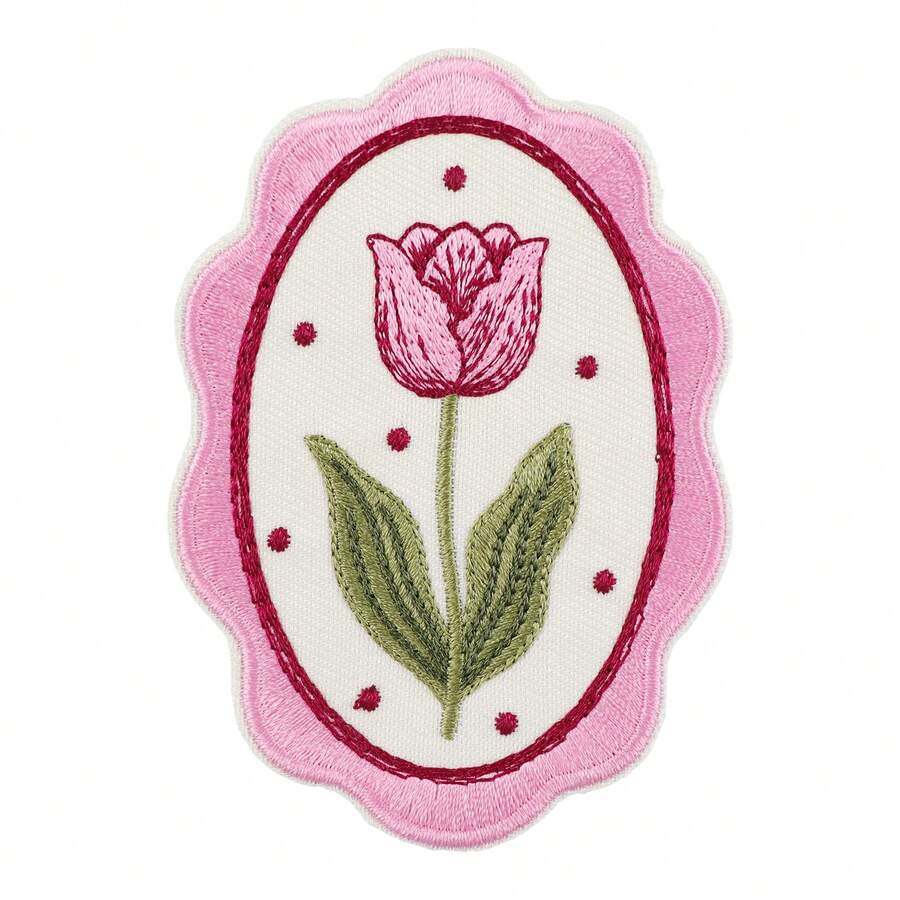 1pc Vintage Lace Oval Pink Tulip Embroidered Fabric Patch, Pastoral Style Flower Iron-On Patch For Dress, Backpack, Clothing DIY Decoration Embroidery Label