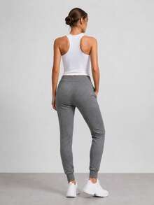 Sweatpants, Elastic Waistband With Drawstrings, Mid-Rise, 2 Pockets, Tapered Legs With Drawstrings, Basic - Dark Grey - View 2