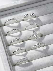 9pcs LOVE Letter Star & Heart Pendant Rings Set, Suitable For Women's Date, Music Festival, Party Stacking - Silver - View 6