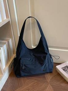 Women's Shoulder Tote Bag, Solid Color Nylon Fabric, Drawstring Design, Side Pockets, Zipper Closure, Large Capacity, Casual Style, Suitable For Daily Commute, Travel, All Seasons - Black - View 2