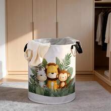 1pc Soft Fresh Watercolor Style, Elephant, Lion, Giraffe, Little Monkey Gathered, Low Saturation Soft Color Palette Universal Storage Basket [Includes Stainless Steel Frame] - View 10