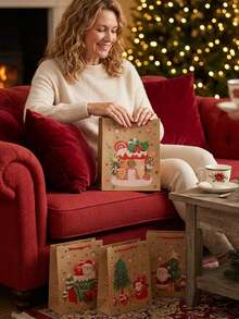 24pcs Set Of Christmas-Themed Printed Kraft Paper Gift Bags-Perfect For Party Favors, Table Decorations, Guest Gifts, And General Gift-Giving; An Ideal Choice For Holiday Gift Packaging. - Multicolor - View 4