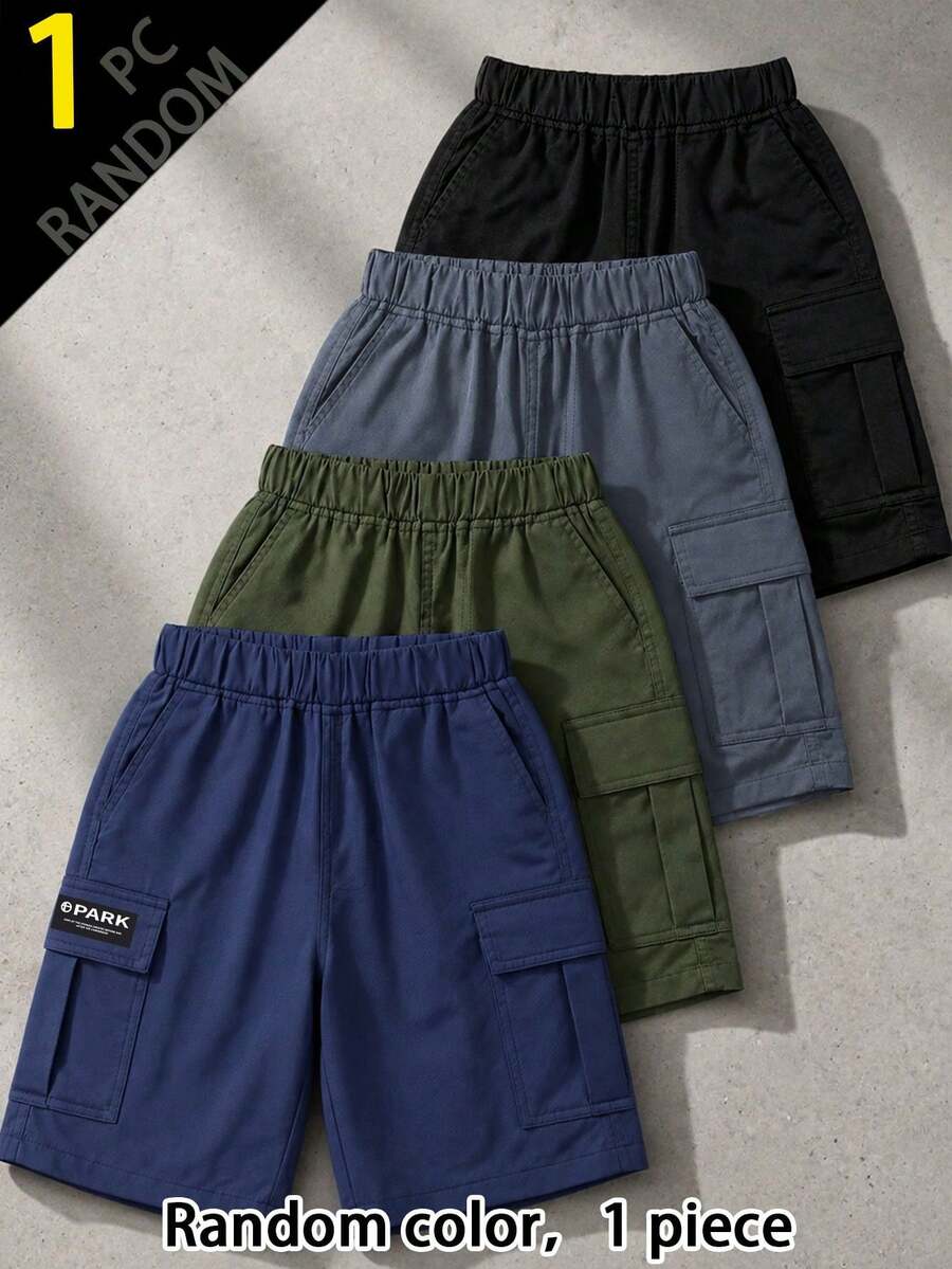 [1pc Random]1pc Boys' Casual Summer Sports Outdoor Pocket Fashion English Woven Label Casual Cargo Shorts Spring/Autumn - Black - View 1