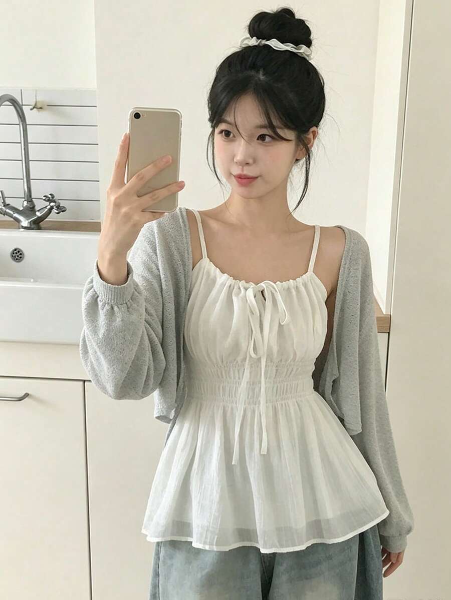 Women's Solid Color Bowknot Front Design Camisole, Fresh Style For Spring/Summer Casual White - White - View 1