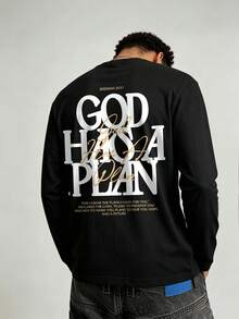 تي شيرت رجالي بطبعة حرف GOD بتصميم بسيط، كاجوال للارتداء اليومي، بياقة دائرية وأكمام طويلة، للربيع/الخريف - الأسود - مشاهدة 1