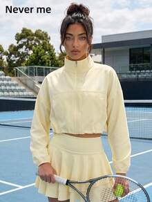 Never me Women's Yoga Stand Collar Zip-Up Batwing Sleeve Cropped Loose Fit Sports Jacket, Elastic Comfortable For Running And Workout - Yellow - View 4
