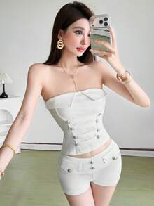 Top Dazzle Chic White Strapless Top With Decorative Buttons And Open Back Design, Knit Fabric, Creating A Fashionable Summer Look - White - View 6
