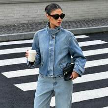 DEEKA Spring/Summer New Women's Fashion European And American Style Minimalist High Collar Denim Jacket Casual - Blue - View 3