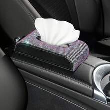 1pc Shiny Full Rhinestone Car Tissue Box, PU Leather Base Car Armrest Tissue Holder, Multi-Color Shiny Car Interior Decoration Gift, Suitable For Female Car Owners - Multicolor - View 4