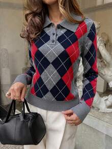 Women's New Autumn Fashion Casual Y2K College Style Streetwear Colorblock Polo Shirt Gray Dual-Color Argyle Pattern Button Design - Grey - View 8