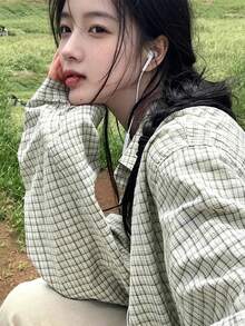 YCYC 韓系復古小眾 Ins 風格 百褶格紋長袖 Polo 衫 女款慵懶外套 - 米色 - 查看 5