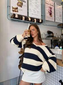 FOR BEAUTY Fall Winter Women Sweaters Y2K Elegant Chic Striped Off Shoulder Chunky Knit Oversized Sweater Tops Casual Party Going Out Outfits - Dark Blue and White - View 2