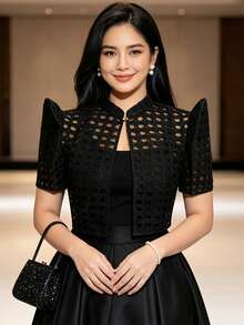女款時尚優雅花瓣袖短袖上衣 - 黑色 - 查看 1