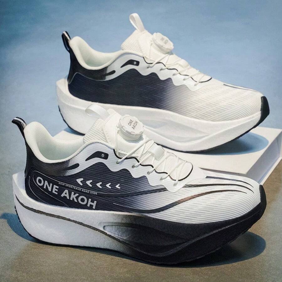 Men Gradient Mesh Racing Running Sneakers Quick Rotating Buckle Closure Cushioned Thick Stylish Black White Tone Daily Jogging Athletic Footwear - Ink Wash Black and White - View 1