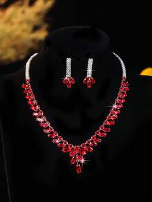 Conjunto de Collar + Pendientes de Circonita Colorida de Lujo Ligero, Exquisito y Versátil para Uso Diario de Mujeres - Rojo - Ver 2