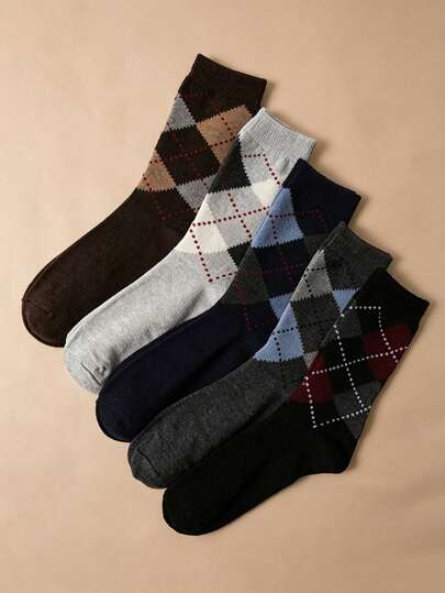 5 Pairs Men's Diamond Pattern Mid-Calf Socks, Soft Comfortable Elastic, Vintage Plaid Sports Socks, Suitable For Daily Business Casual Wear
