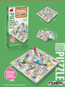 Classic Snakes And Ladders Magnetic Board Game, Foldable Crystal Chess Board Set, Retro Tabletop Puzzle Game, Mini Portable Board Game For Travel Camping Family Friends Party - Multicolor - View 4