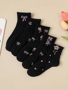 5 Pairs Toddler Girls Anti-Slip Heart Print Mid-Calf Socks - Black - View 9