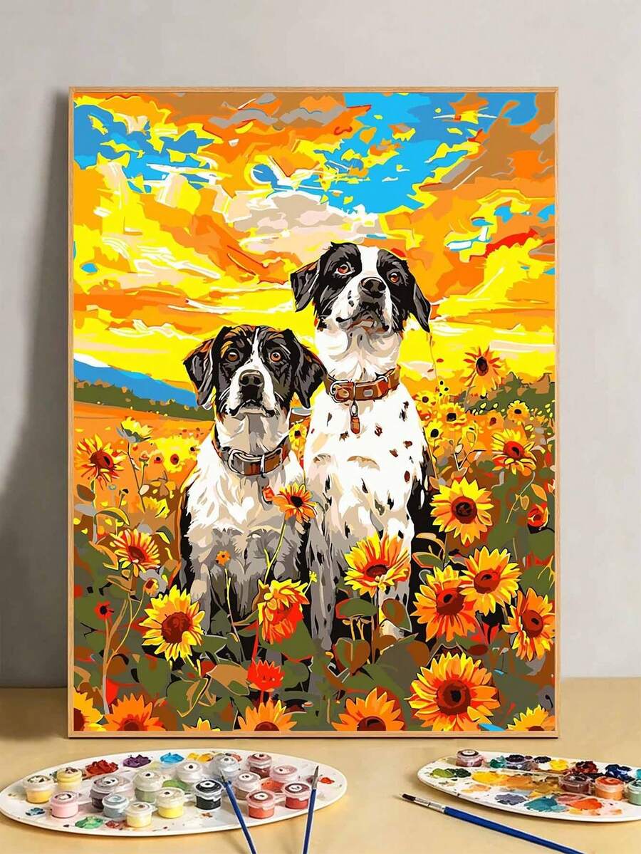 DIY Two Dogs In Vibrant Sunflower Field (Frameless 8x12 / 16x20 Inches) Paint By Numbers Kit (Acrylic) Arts & Crafts For Adult Beginners, Home Wall Decor, And Holiday Gifts For Animal Lovers - Sets - View 1