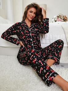Women's 2-Piece Christmas Theme Candy Cane & Snowflake Print Lapel Long Sleeve Pants With Pockets Loungewear Set, Spring/Autumn Thin Semi-Sheer Pajama Set - Black - View 4