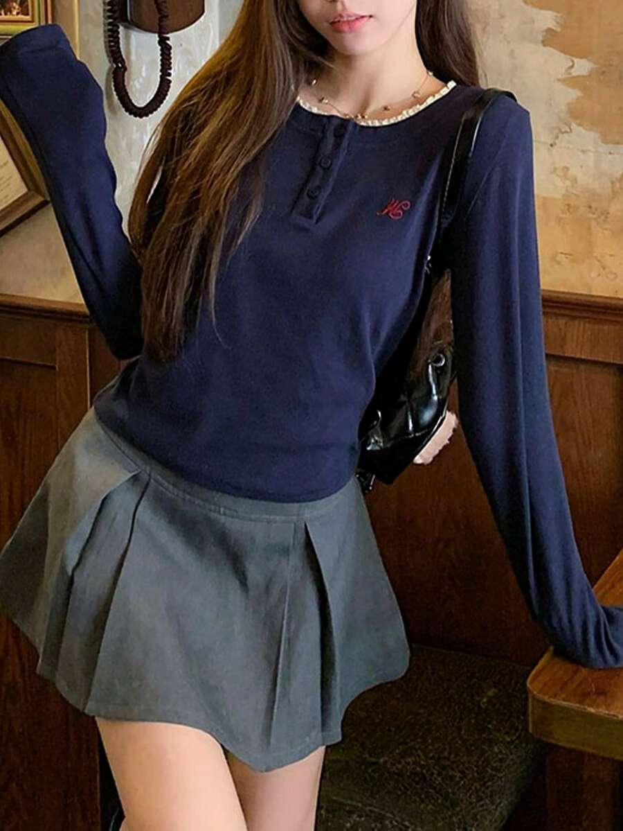 Women's Long Sleeve Henley Neck T-Shirt, Contrast Trim And Embroidery, Regular Length Top, With Button Detail - Navy Blue - View 1