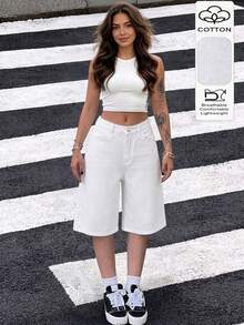 Quần short denim nữ màu trắng phong cách tối giản, casual street style Âu Mỹ, hàng mới về, mặc đi làm hằng ngày mùa hè - trắng - Xem 1