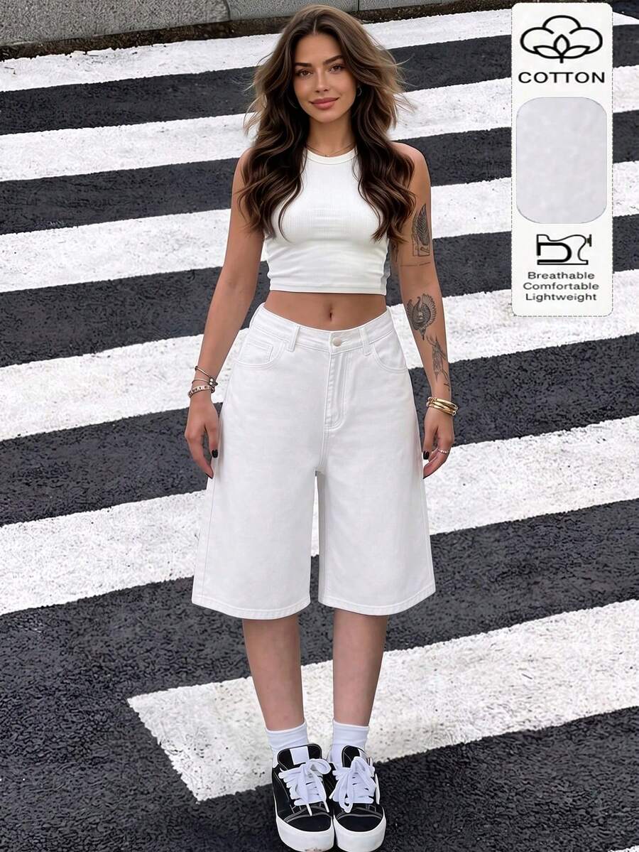 Quần short denim nữ màu trắng phong cách tối giản, casual street style Âu Mỹ, hàng mới về, mặc đi làm hằng ngày mùa hè - trắng - Xem 1