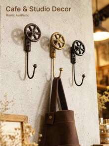 3pcs 14cm Vintage Cast Iron Wall Hooks, Wheel-Shaped Decorative Detail, Durable Wall-Mounted Coat Hooks, Suitable For Entryway, Jewelry Storage, Clothing Storage, Home Decor, Christmas Wall Decoration - View 1