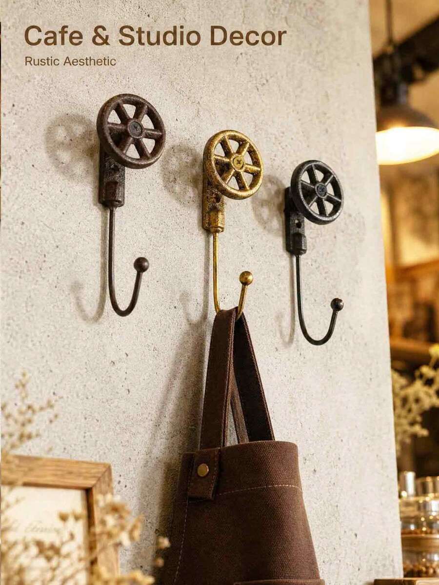 3pcs 14cm Vintage Cast Iron Wall Hooks, Wheel-Shaped Decorative Detail, Durable Wall-Mounted Coat Hooks, Suitable For Entryway, Jewelry Storage, Clothing Storage, Home Decor, Christmas Wall Decoration - View 1