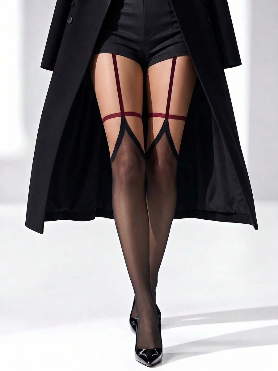 Women's Black Sheer With Burgundy - Black - View 1