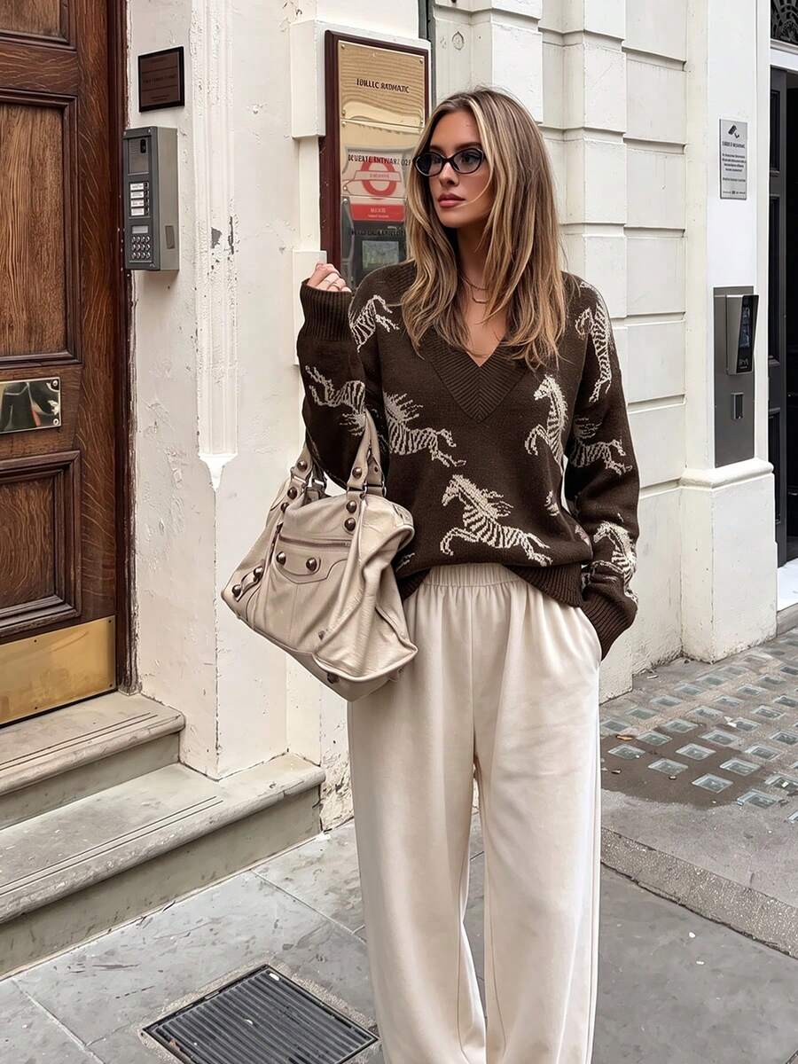 Women's V-Neck Long Sleeve Sweater, Suitable For Autumn Wear, Vintage Brown Zebra Print V-Neck Pullover Knit Sweater, Loose Slouchy, Slimming Soft Niche Design, Commute Casual Versatile Top - Coffee Brown - View 1