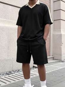 Men's Casual Fashion Loose Fit 2 Pieces Set, Short Sleeve Polo Collar Top And Drawstring Shorts, Vacation Leisure Style, Versatile Minimalist Unique Design - Black - View 9