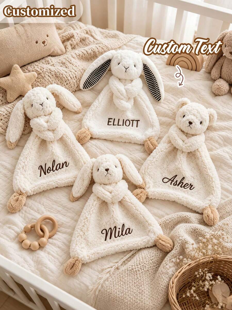 Customized Embroidered Name Plush Animal Comfort Blanket, Personalized Rabbit, Bear Or Puppy Soothing Companion, Custom Memorial Gift, Gift For Expectant Mothers, Adorable Home Decor