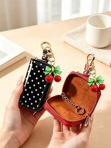 Polka Dot Cherry Print Multi-Function Storage Bag - Can Be Used As Car Key Holder, Coin Purse Or Earphone Case; With Zipper And Keychain, Can Be Attached To Handbag Or Backpack; Unisex Polka Dot Storage Bag. - Multicolor - View 3