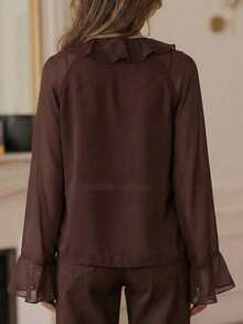 Blusa de mujer con cuello en V, volantes de gasa, color marrón, semitransparente, mangas acampanadas - Marrón - Ver 5