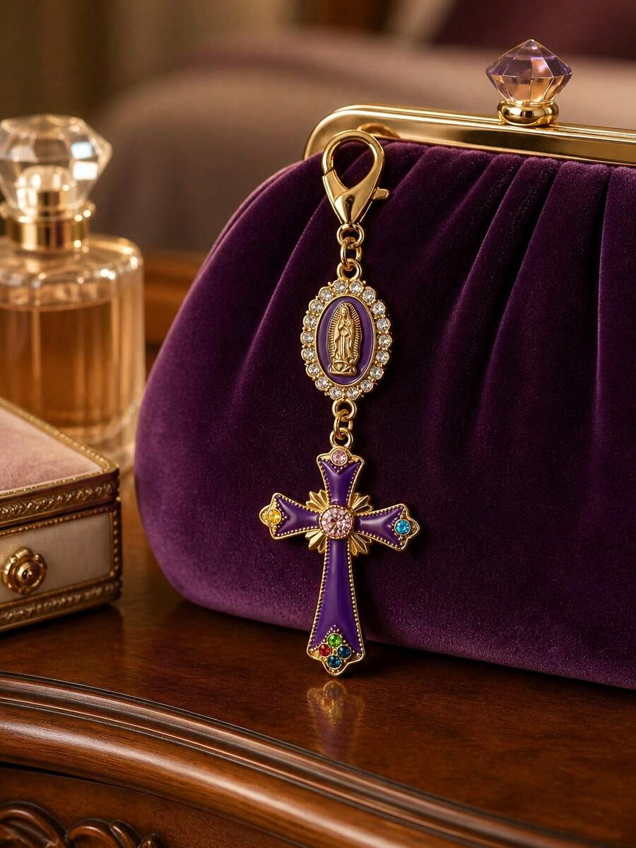 Vintage-Style Rhinestone And Enamel Cross Amulet Keychain Featuring A Virgin Mary Pendant; Suitable As A Bag Charm, Car Key Accessory, Or Holiday Gift - Multicolor - View 1