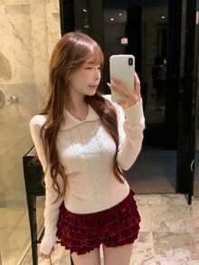 French Style Twisted Collar Knit Sweater Women Autumn Winter Short Cardigan Inner Layer Top - Apricot - View 4