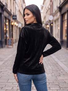Elegant Women's Velvet Long Sleeve Top With Collar, Fashionable V-Neck Knit Shirt, Suitable For Autumn Wear - Black - View 7