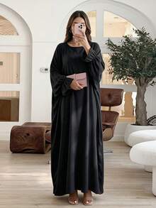 Gaun Abaya Panjang Lengan Panjang Longgar, Jubah Kasual Leher Bulat Panjang, Cocok untuk Pemakaian Sehari-hari - MultiWarna - View 24