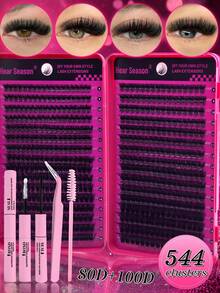 640/544 Clusters D Curl Single Stem False Eyelashes Large Capacity Set, Beginner-Friendly Classic Y-Shape DIY Home Lash Extension, Reusable Mixed Style (Includes Adhesive & Setting Liquid, Tweezers & Lash Brush), Natural Fluffy Cluster Lashes, Suitable For Daily And Evening Party Makeup - Hot Pink - View 18